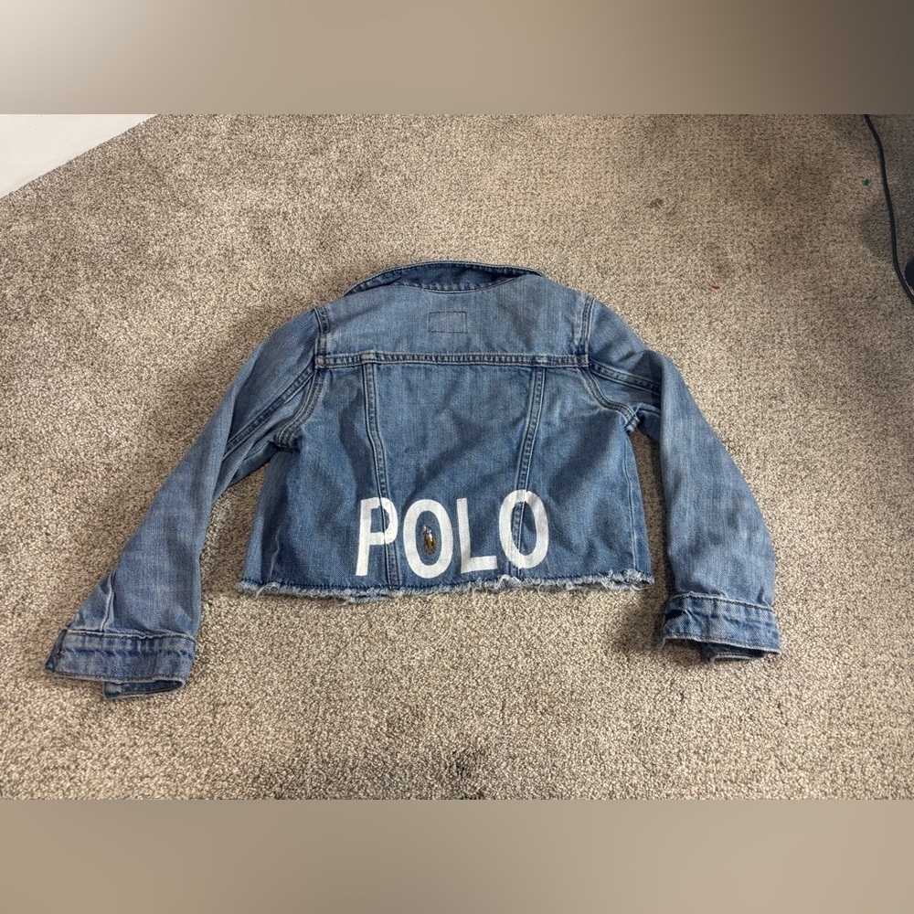 VTG Y2K Polo Ralph Lauren Sport Denim Jacket Youth Sz 5 Cropped Raw Hem